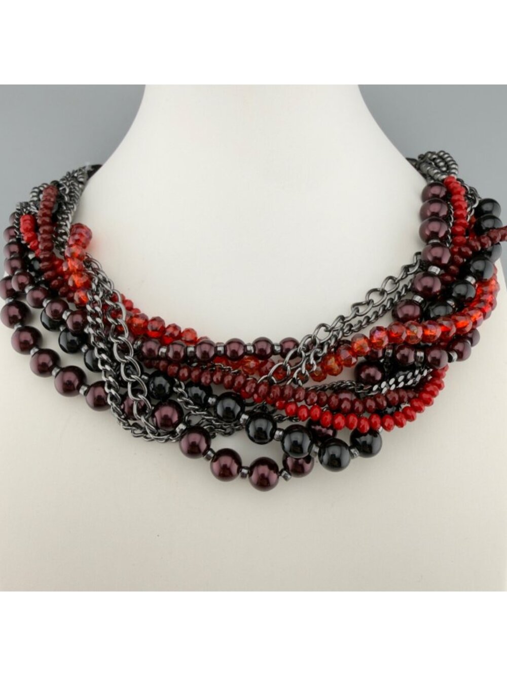 Multi Strand Beaded Statement Necklace Red Black Satin Ribbon Tie